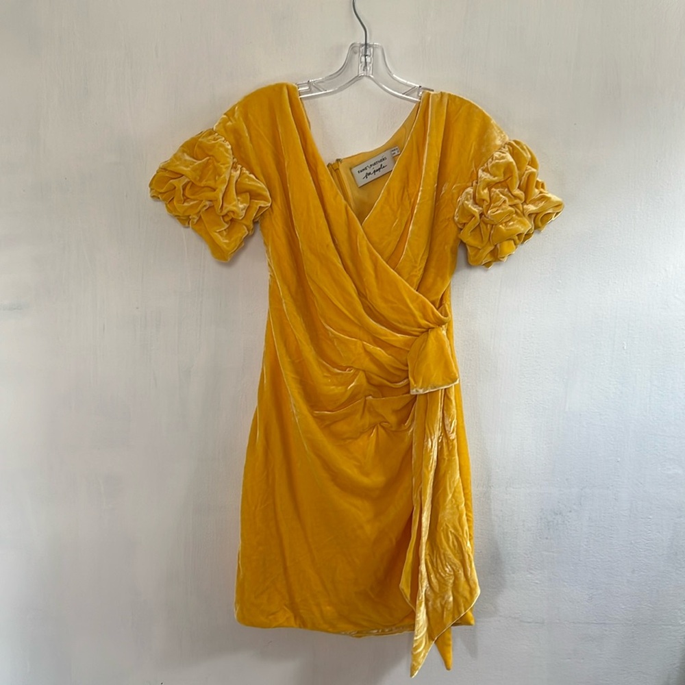 FAME & PARTNERS X Free People velvet Yellow Dress Sz 2 ruffle with puff sleeves